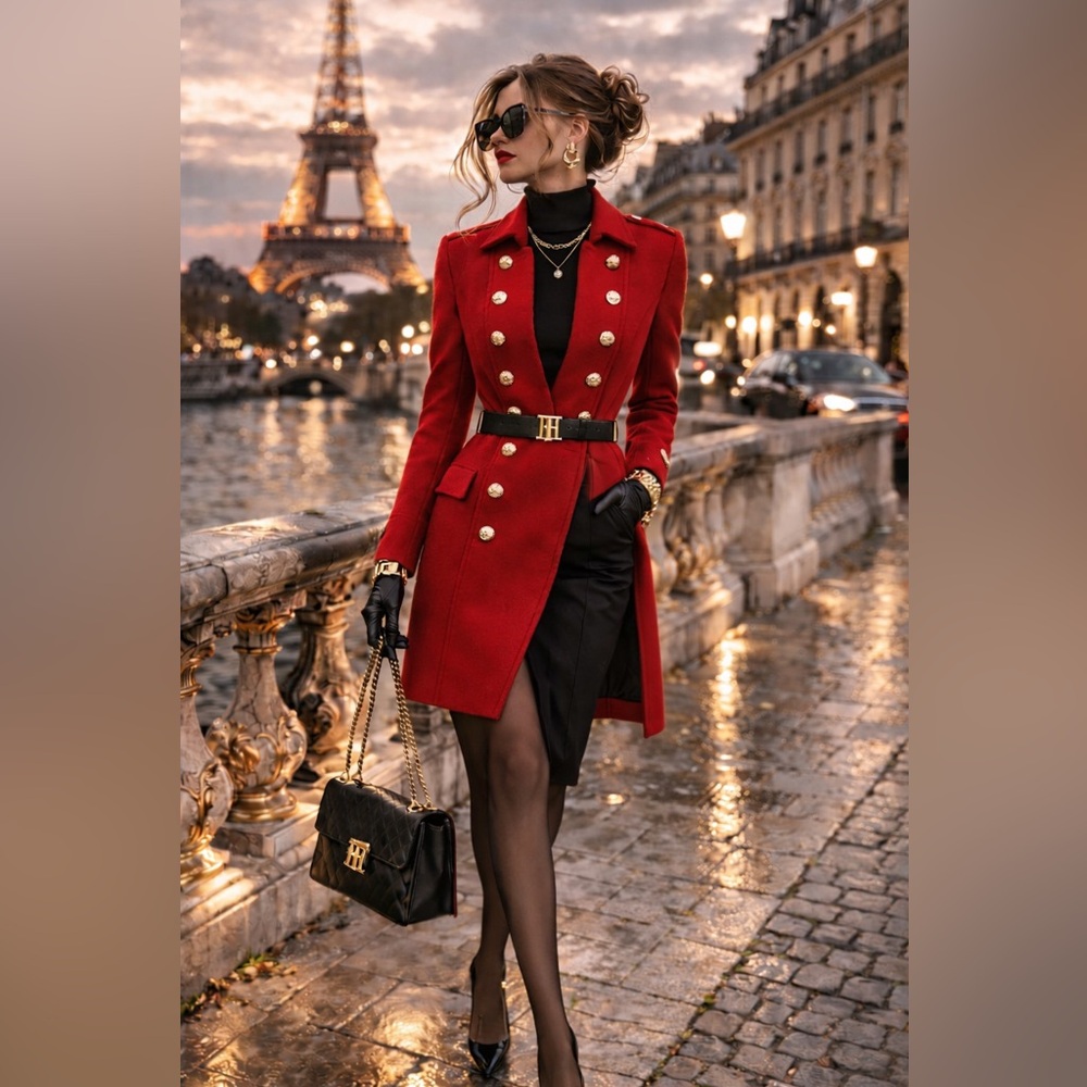 Tommy Hilfiger Red Trench Coat with Gold Buttons